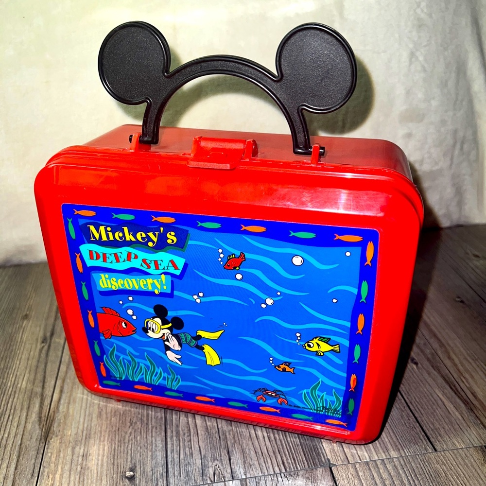 Disney Mickey Mouse Deep Sea Discovery Red Lunch Box Pail Aladdin 1990's Vintage